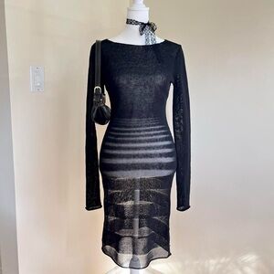 Theory 90s Style Boho Vamp Goth Black Crochet Net Knit Mesh Midi Dress Minimal S